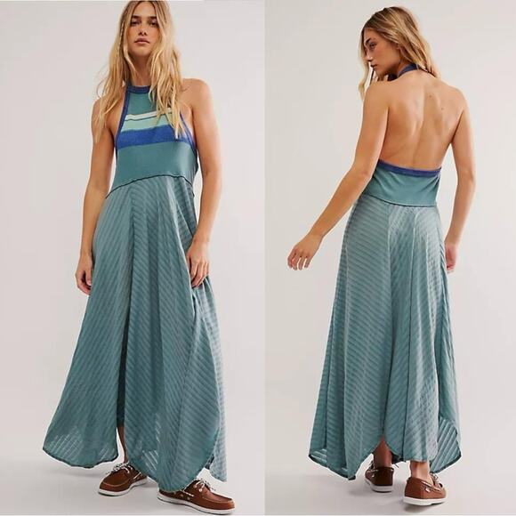Free People Surf's Up Maxi Dress in Ocean Combo Retro 70s Bohemian Beach Small - Picture 4 of 14